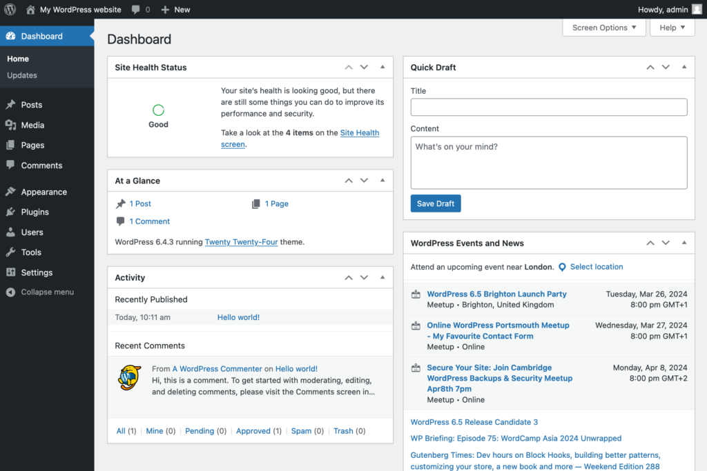WordPress dashboard